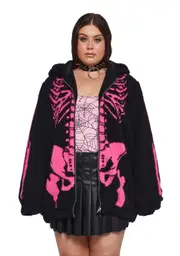 [Trickz N' Treatz] Plus Baring It All Skeleton Hooded Sherpa Jacket - Pink