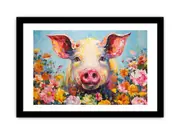 Pig & Flowers Canvas Framed Art