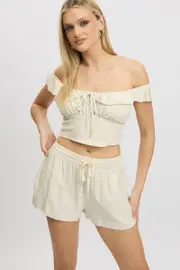 Beige Crop Top Ruffle Off Shoulder Linen Blend - Size 16XL, Women's Crop Top