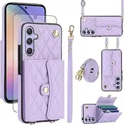 [Asuwish] Phone Case for Samsung Galaxy A14/M14 5G Wallet Cover with Stand RFID Credit Card Holder Slot Wrist Crossbody Strap Lanyard Leather Cell Accessories A 14 4G 14A 14M G5 Women Girls Purple