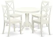 [East West Furniture] ANBO5-LWH-W Antique 5 Piece Dinette Set for 4 Includes a Round Kitchen Table with Pedestal and 4 Dining Chairs, 36x36 Inch, Linen White