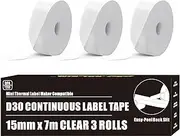 D30 Continuous Label Tape, Transparent Continuous Label Tape Compatible for Phomemo D35 Q30 D30 Printer Print Master D30 Labels Maker Tape Refill for Vretti HP3 HP4 HP6 Clear, 15mm x 6m (0.59" x 20')