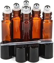 Vivaplex, 6, Amber, 10 ml Glass Roll-on Bottles with Stainless Steel Roller Balls - .5 ml Dropper included