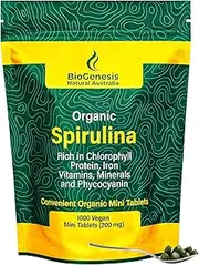BioGenesis Organic Spirulina Mini Tablets – 1000 Count | Australian Grown Blue-Green Algae | Rich in Phycocyanin, Chlorophyll & B Vitamins | Supports Daily Energy, Detox & Immunity | Vegan