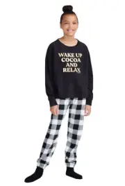 Justice Girls Pajamas Set Black 10 2 Piece Top Checkered Pants Plush Winter Warm