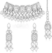 [Aheli] Silver Plated Crystal Kundan & Beads Studded Necklace Earrings Maangtikka Set Ethnic Jewellery for Women, One Size, Metal, No Gemstone