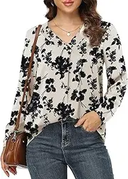[Anelune] Womens Tops Pleated Lantern Sleeve V-Neck Shirts Elegant Solid Color Loose Fit Casual Chiffon Blouse, Floral White, XL