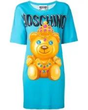 $995 SS17 Moschino Couture Jeremy Scott CROWNED TEDDY BEAR LIGHT BLUE SILK DRESS