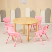 80CM Round Wooden Kids Table and 4 Pink Chairs Set Pinewood Timber Childrens Desk