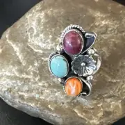 Multicolor Ring Turquoise Spiny Navajo Sterling Silver Cluster Size 9 19172