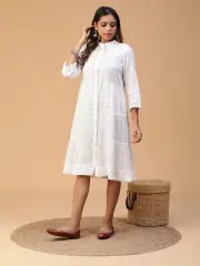 Chikankari Mandarin Collar Cotton Shirt Dress Indian Design Party Wear For Women