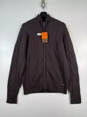 BNWT Ben Sherman Mens Full Zip Cable Knit Lambswool Sweater Dark Brown Sz Medium