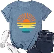 [Uivviu] Outdoor Shirts for Women Retro Graphic Print Hiking Mountain T Shirts Summer Comfort Beach Hiking Workout Tee Tops