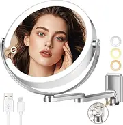 MOMOKUBA Wall Mounted Mirror, Magnifying Mirror with Light 20X Double-Sided, 8 Inch LED Makeup Mirror, 3 Color Lights, Height Adjustable, Swivel Foldable Arm, Lighted Mirrors for Bathroom Wall