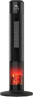 [Cobuy] 2000W Heater Ceramic 3D Electric Fireplace Tower Heater for Bedroom, Portable Fan with Thermostat, 65° Oscillation, Tip-Over, 8H Timer, Black