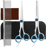 Dog Grooming Scissors Set Professional, 2pcs 6-Inch Pet Trimming Scissors 1pcs Comb Stainless Steel Thinning Shear with Safety Round Tip Dog Hair Cutting with Leather Pouch for Dogs Cats