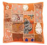 Indian Ethnic Patchwork Embroidery Orange Cushion Cover Cotton Sofa Decor 16"