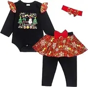 [Pezhiqun] My First Christmas Costume for Baby Girls, Newborn Infant Xmas Bodysuit Pants Headband Set, Ruffle Santa Tree Print