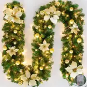 Christmas Garland with LED Lights, 2.7M (9ft) Artificial Rattan Xmas Wreath Front Door Hanging Garland for Fireplaces Stairs Christmas Decoration