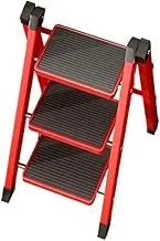 Carbon Steel Wide Step 3-step/4-step Lightweight Folding Ladder, Portable Thin Step Stool, Multifunctional, Black+red(Small)