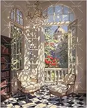 Interior Paint by Numbers Kit for Adults - DIY Sunlit Reading Room and Balcony Painting on Canvas 16x20 Inches, Acrylic Paint Set, Suitable for Beginners,Home Decor Art for Living Room/Gifts