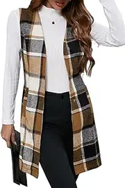[IDEALSANXUN] Long Plaid Vest for Women Fall Winter Trench Coat Sleeveless Blazer Jacket Cardigan Wool Vest Top Waistcoat