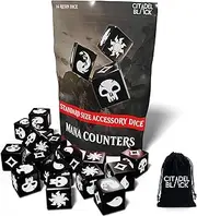 Citadel Black MTG Mana Dice Set of 16 Premium Dice – with Velvet Drawstring Pouch, Magic: The Gathering