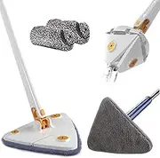 360 Rotatable Adjustable Cleaning Mop,Telescopic Triangular Mop with Water Squeezing Function,Reusable Swivel Mop with 2 Reusable Mop Cloth for Floor/Ceiling/Window/Wall Cleaning (White)
