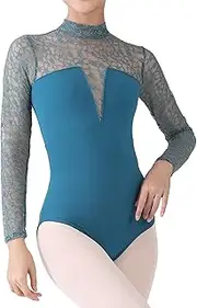 [Dance Elite] Maya - V-Neck Dance Leotard with Black Lace half sleeve. Leotards for Women Ballet and Dance
