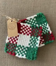 2 Handmade Potholders Cotton Woven Loom Hot Pads Oven Mitts - Red, White, Green