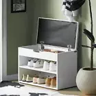 2-Tiers White Shoe Cabinet Storage Bench with Folding Padded Seat