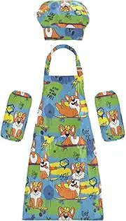 AIXIWAWA Kids Apron Chef Hat Set, Child Kitchen Bib Aprons Adjustable for Cooking Baking Painting (Skating Dogs)