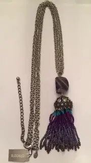 Chico’s “Laiki Tassel” Amethyst Stone Blue Seed Bead Gray Necklace NWT Org $49