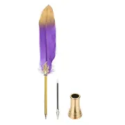 Feather Pen Quill, Feather Ballpoint Pen with Golden Pen Holder, Purple