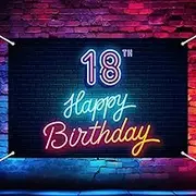 Neon Happy 18th Birthday Backdrop Banner Cool Glow Neon Theme Background Decor for Boys Girls Birthday Party Let’s Glow Party Celebration Decorations Photo Booth Props Supplies 70.8x47.2in-BECKTEN