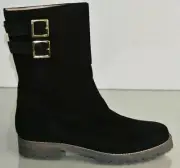 NEW Oscar de la Renta BERTA Suede Black Moto Biker low heel Flat Boots Shoe 39.5