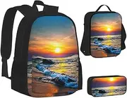[ERCgad] Beach And Sunset Print Canvas 3-In-1 School Bags Set Backpack Lunch Bag Pencil Case Combo For Men Women, Black, One Size