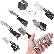 Damascus Pocket Knife Set Mini Chef Knife with Sheath, Tiny Knife EDC Knives Small Knife Cleaver, Package Opener, Box Cutter Bottle Opener Keychain Tiny Things with Pocket Knife Sharpener - Set of 7