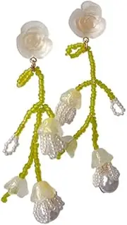 [RYEPOLNIX] Handmade Earrings Colourful Beaded Roses Pearl Dangling Tassel Earrings Holiday Summer Beach Sweet Cute Cool Girls Party Earrings/608