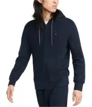 Tommy Hilfiger Mens Plains Drawstring Zip Up Hoodie Sweatshirt, Blue, Large