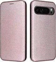 [Jarttarn] Case Compatible with Google Pixel 9 Pro Case, Slim Carbon Fiber Textures PC Hybrid Case Full Protection Shockproof Flip Case Cover for Google Pixel 9 Pro (Pink)