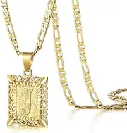 [KissYan] Initial Letter Pendant Necklace for Mens Womens, 18K Gold Plated Square Capital Monogram Necklace Alhpabets from A-Z Box Figaro Chain Necklace(Hollow Letter J)