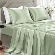 GOLAL Satin Sheets Queen Size - 4 Pieces Luxury Silky Soft Bed Sheets, Wrinkle-Free Sage Green Satin Silk Sheet Set with 1 Deep Pocket Fitted Sheet, 1 Flat Sheet, 2 Pillow Cases