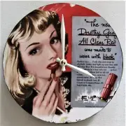 Unique clock. Small clock for women. Clock face is a 1950s ad for lipstick.