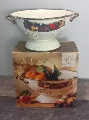 Vtg New in Box Cornucopia Enamel and Brass Colander Strainer Mixed Fruit Design