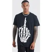 Mens Black Halloween Skeleton Middle Finger Halloween T-shirt