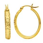 14K Yellow Gold Hammered Polished Oval Hoop Earrings