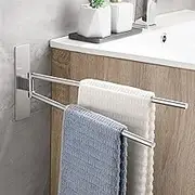 OETAMS Towel Rail No Drilling 180° Swivel Towel Rail Self-Adhesive Towel Rail 304 Stainless Steel Bath Towel Holder Double Towel Holder Brushed Silver
