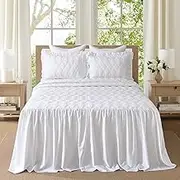 SOElinens Ruffle Skirt Bedspread Queen Size - 30" Long Drop, Cotton Farmhouse Coverlet Bed Spreads, Shabby Chic Style Bedding Set, Charming Ruffle Detail with 2 Pillow Shams - Queen, White
