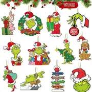 Grinch Christmas Tree Decor Baby Wooden Pendant Fun Green Monster Grinchmas Accessories Hanging Xmas Ornaments